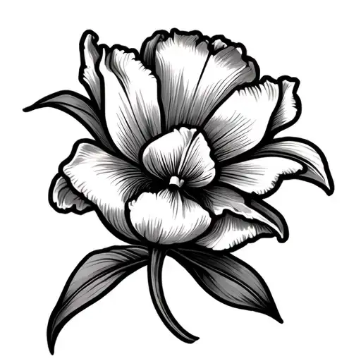 neo-traditional tulip tattoo, bold black outlines, rich warm colors, decorative elements, stylized petals, old-school sh tattoo design idea