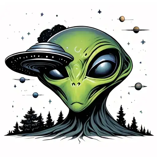 green alien face with ufo and lights hovering with tree in background and milky way in sky and solar system tattoo design idea
