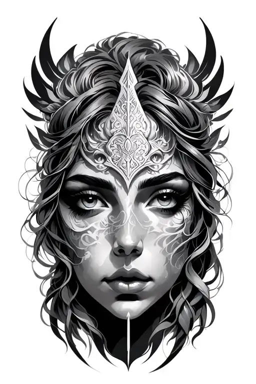 Black and gray tattoo-style illustration of a graceful female face representing a symbolic guardian figure, merging faci tattoo design idea