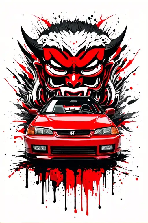 a lowered 90's Honda Civic with a Japanese Oni Mask behind it in the background  tattoo design idea