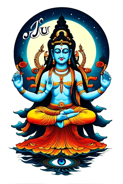"Ju Ju" shiva, buddha, and vishnu dance under the moon with a third eye on the forehead tattoo design idea