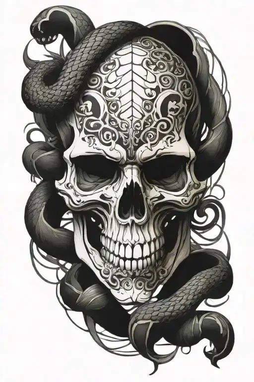 Dark skull with snake wrapping tattoo design idea