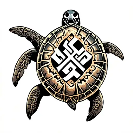 design a tattoo of a sea turtle with the chi rho symbol in the shell with the greek symbols for alpha and omega tattoo design idea