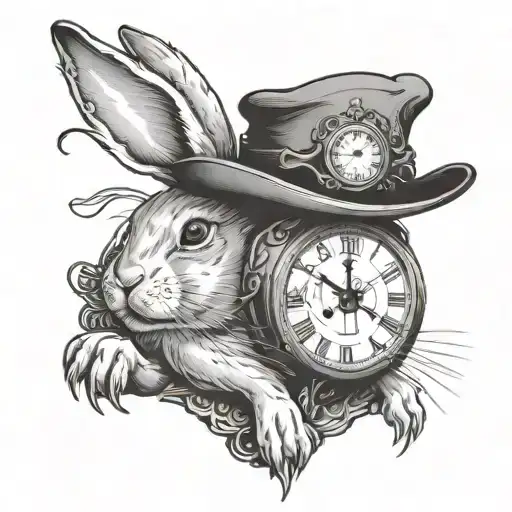 rabbit with a clock in a hat tattoo design idea