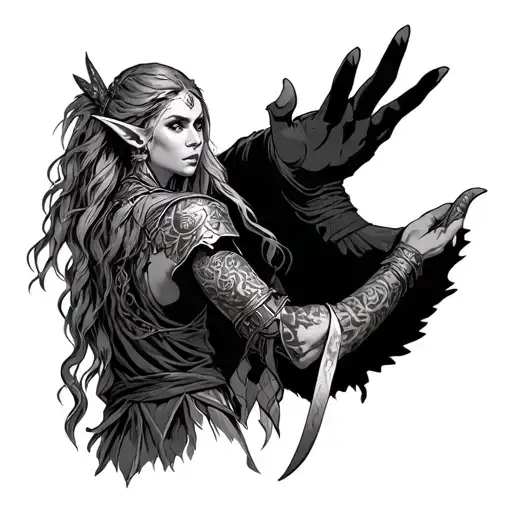 elf warrior woman reaching hand out to pull a woman tattoo design idea