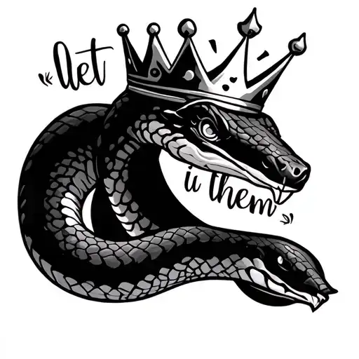 friendly snake wearing a crown eating the words "let them" with a sun tattoo design idea