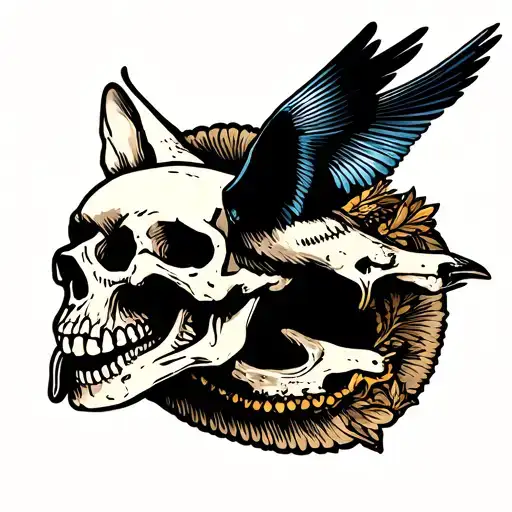 dog skull with bird in mouth open tattoo design idea