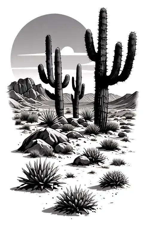 desert landscape with mesas and cacti  tattoo design idea