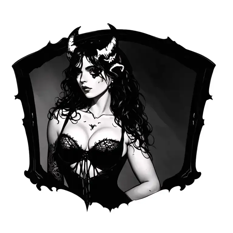 Gothic, Succubus, Big Boobs, G-String, Ripped Bra, G-String, Looking To Right, Sexual Pose tattoo design idea