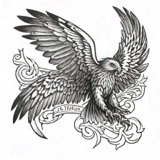 hawk spreading its wings wide with the word sacrifice written above its head  tattoo design idea