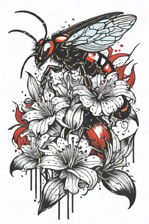 red inked robotic chrome carpenter bee landing on a holographic blue spider lily tattoo design idea