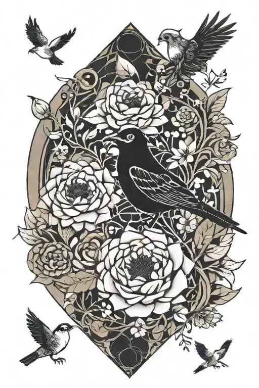 Flowers, birds, wind, moon. tattoo design idea