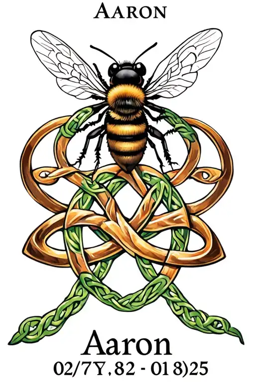 "Aaron 02/07/82 - 01/03/25 " bee, iris, celtic love knot design incorporating elements tattoo design idea