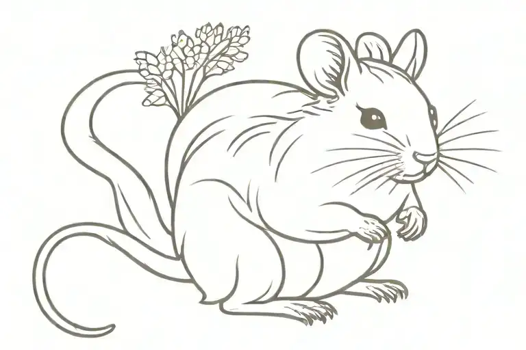 Happy degu mouse holding big nut, degu mouse has big ears, tuft of hair at the tail tip. Around degu are flower details  tattoo design idea