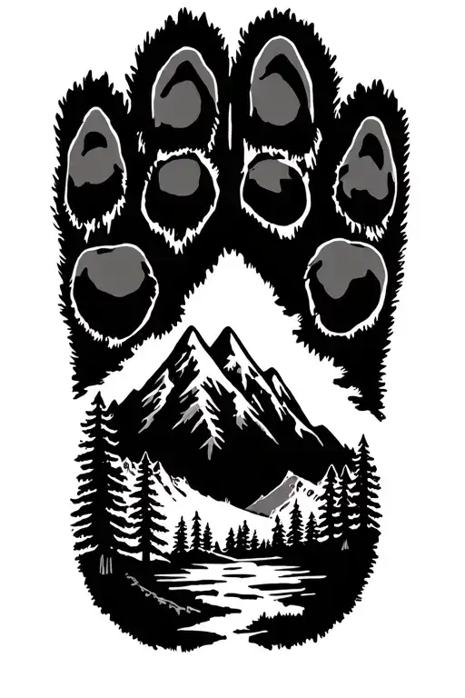 dog paw imprint with mountains and forests tattoo design idea