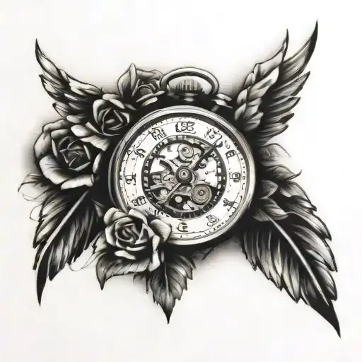 flowers, broken stopwatch angel wing tattoo design idea