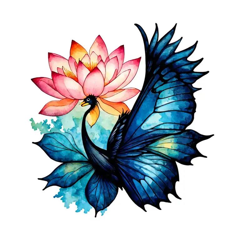 half of a butterfly half of a phoenix with a lotus flower tattoo design idea