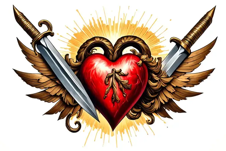 Create a sacred heart of Jesus tattoo. A realism tattoo that includes a dagger going the left side and out the right sid tattoo design idea