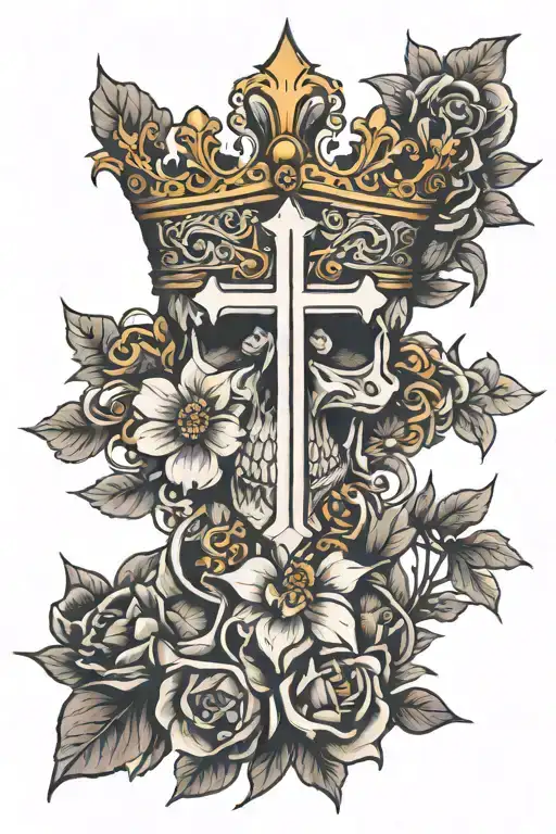 Cross flowers crown tattoo design idea