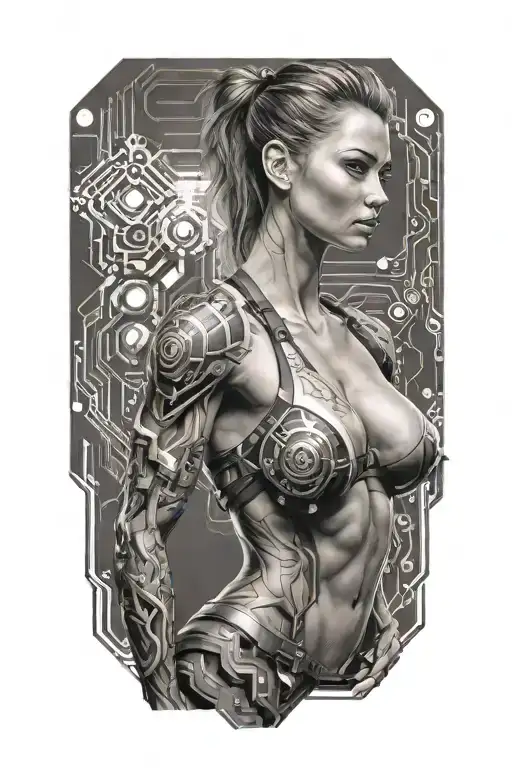 fitness bodybuilder women posing with technology circuits merging tattoo design idea