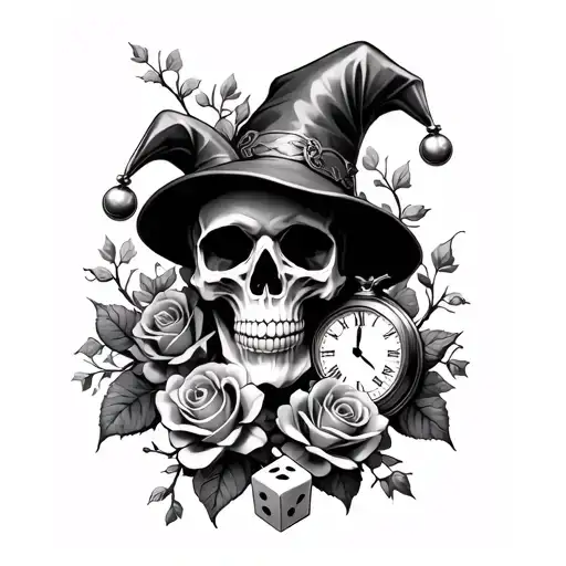 Skull and clock and dice and roses and vines and jester hat. tattoo design idea
