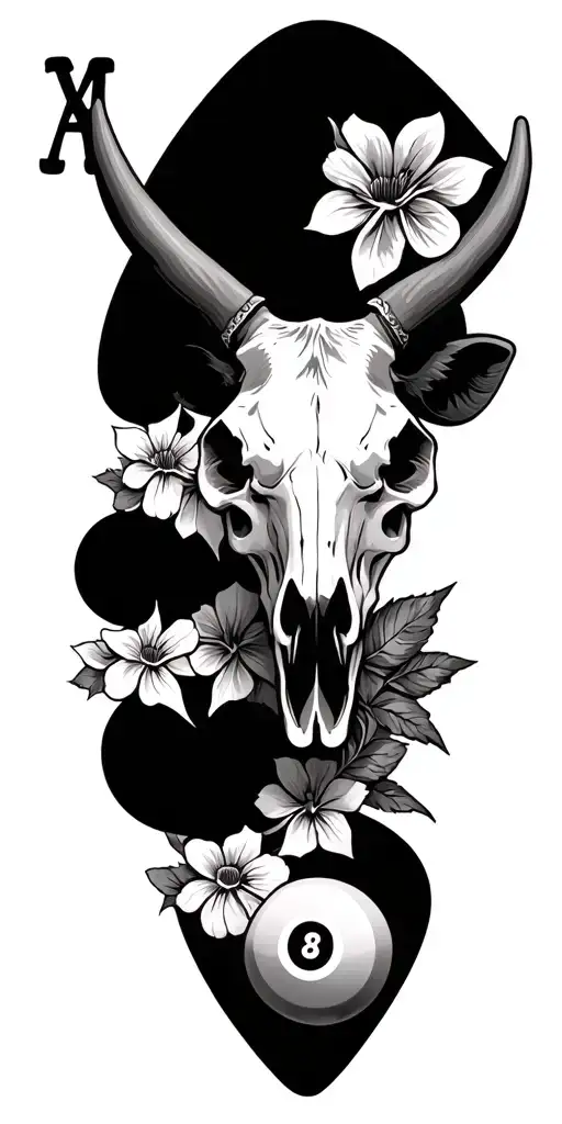 tooled leather with cow skull, 8 ball, flowers, ace cards, spade  tattoo design idea