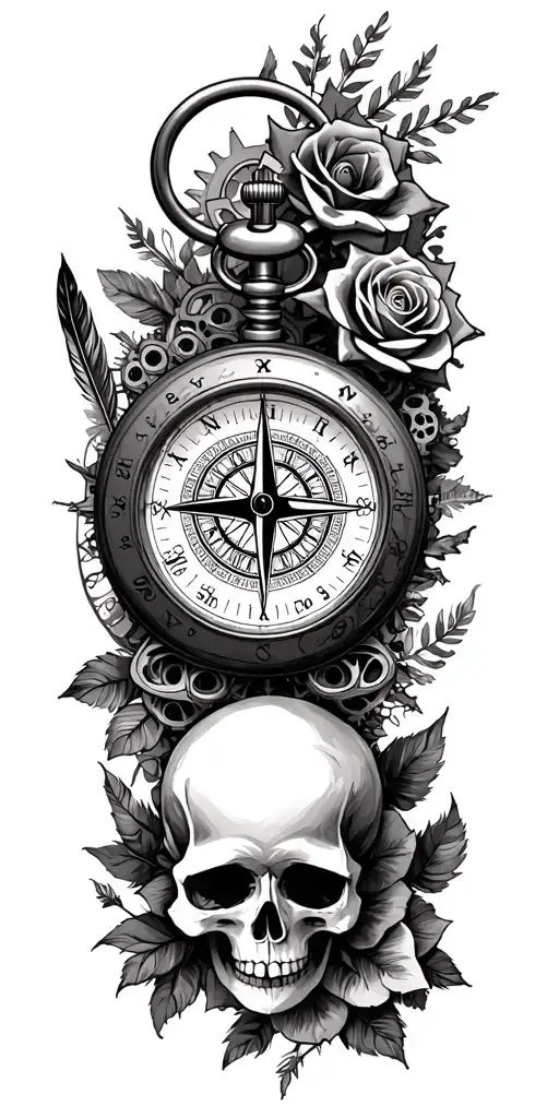 third eye, skull, compass, pocket watch surrounded by gears, rose, feather, trees for family tattoo design idea