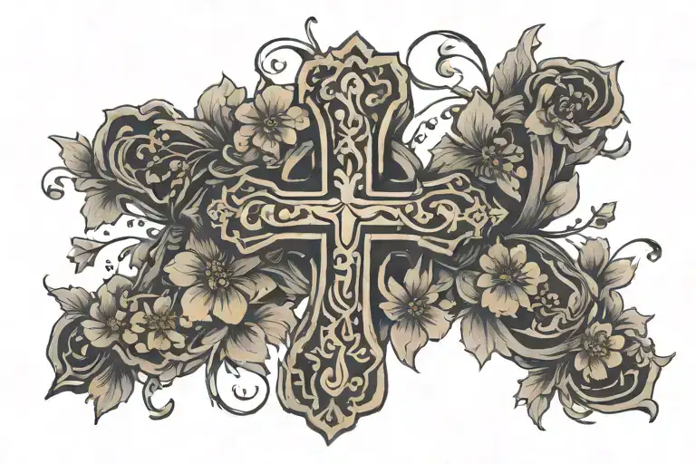 cross surrounded by mustard seed flowers growing dim Illuminated tattoo design idea