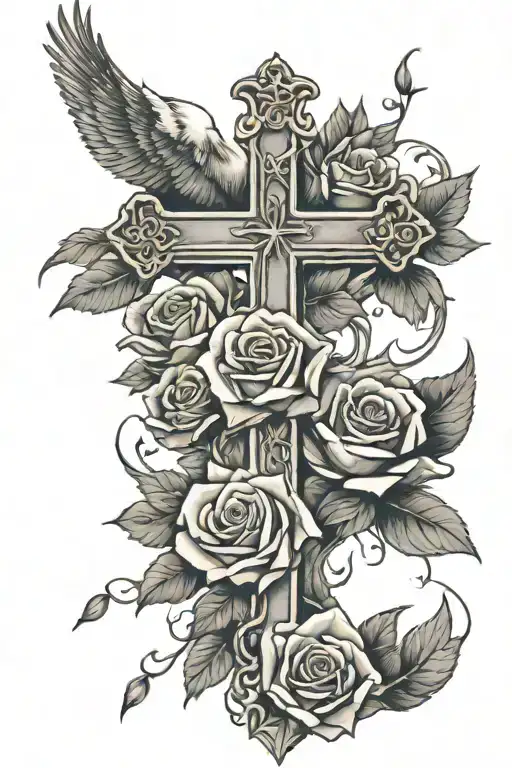 cross with roses and doves  tattoo design idea
