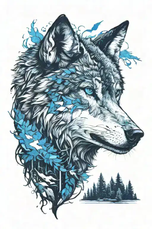 wolf in blue eyes howling forest scene tattoo design idea