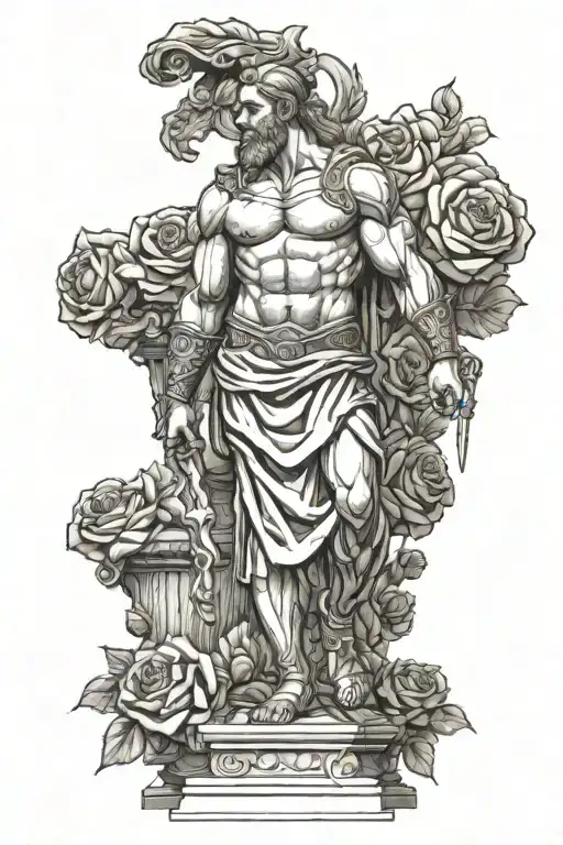 ares god of war standing next to Greek column that is wrapped in rose. Dot shading  tattoo design idea