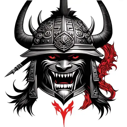 highly detailed black and grey tattoo design featuring a samurai helmet (kabuto) with an oni mask. tattoo design idea