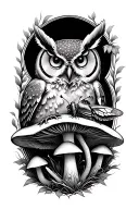 owl mushrooms and a moth  tattoo design idea