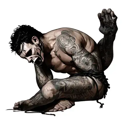 BDSM, a naked tattoved skavin that is tied up and has a gag in his mouth tattoo design idea