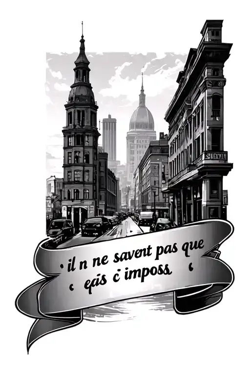 generate a tatoo of  kinshasas landscape(downtown) and a quote that says in French < il ne savent pas que c etais imposs tattoo design idea