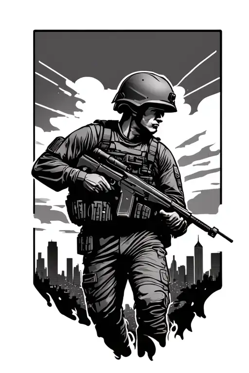  solider holding a rifle, leaving home behing the columbus ohio skyline tattoo design idea