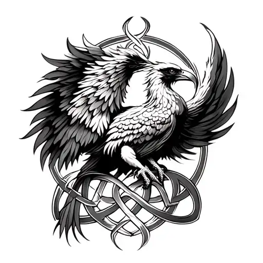 phoenix and Celtic knot intertwined tattoo design idea