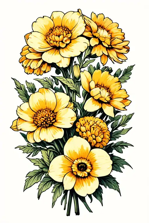 marigold daffodil chrysanthemum bouquet tattoo design idea