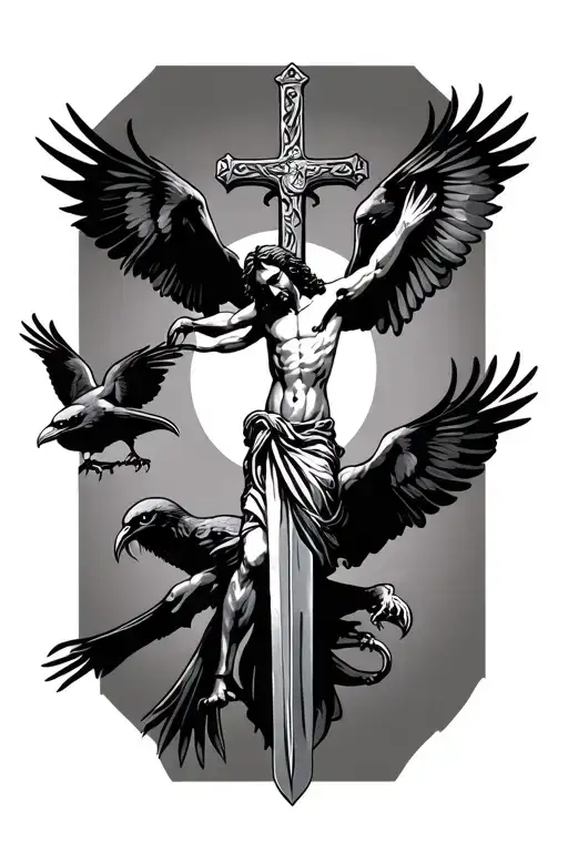 jesus on a sword cross, with crows perched and flying with claws no background tattoo design idea