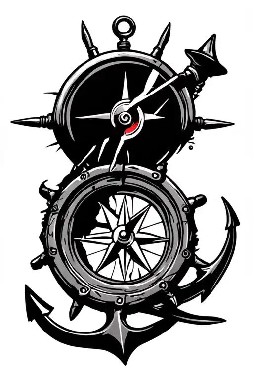 nautical compass with a broken ship wheel and an anchor at the bottom tattoo design idea