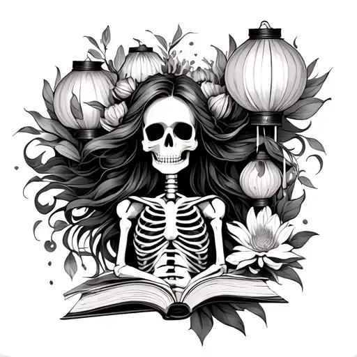 feminine skeleton with flowing hair, protea, flying paper lanterns, represent love of books and travel tattoo design idea