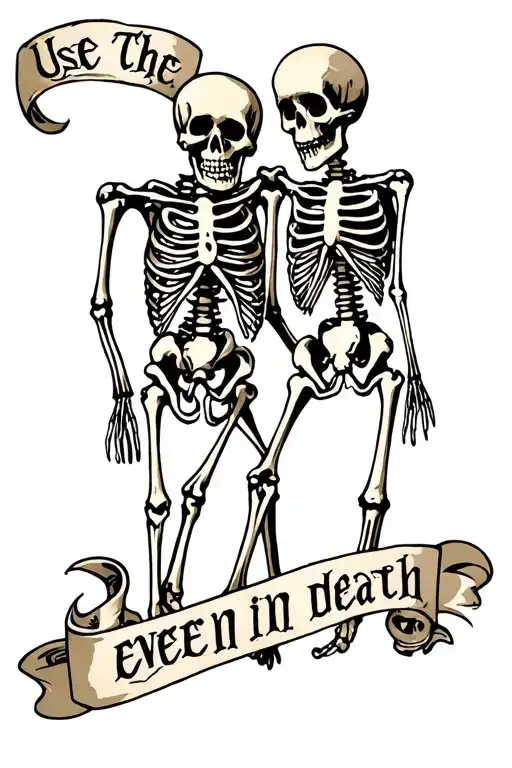 Use the words “even in death” and include two skeletons or half dead people together tattoo design idea