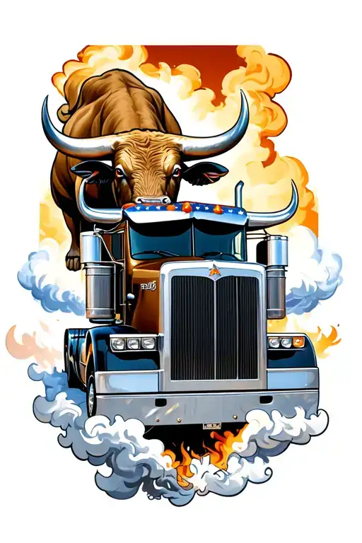 Peterbilt semi truck with a bull coming out of smoke  tattoo design idea