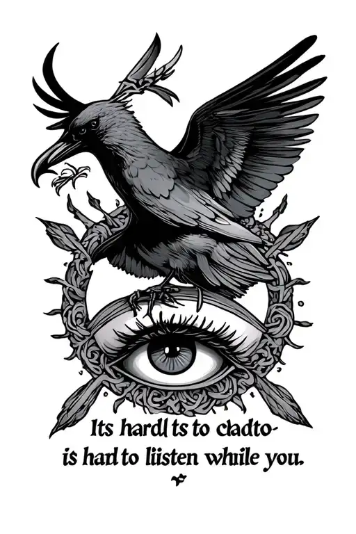 "its hard to listen while you " greec god ajax with an bird eye surrounded tattoo design idea