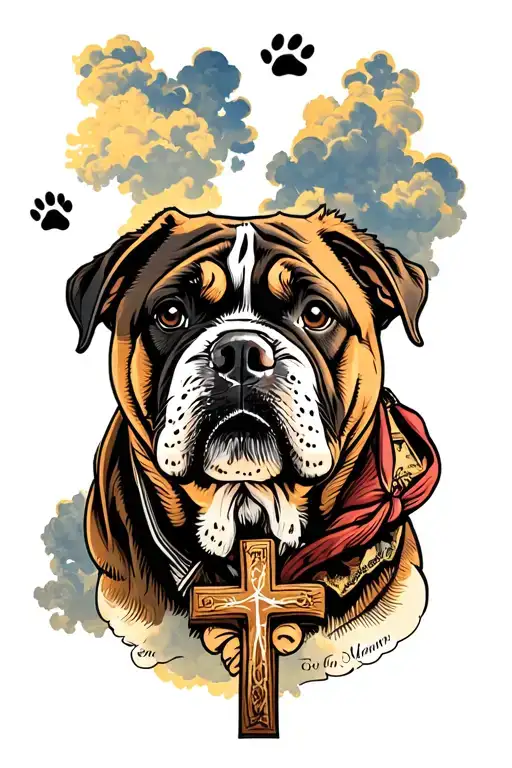 Cloudy Sky With my Dawgs face and paw print surrounded by texture from the Bible and a Cross to signify Jesus Christ tattoo design idea