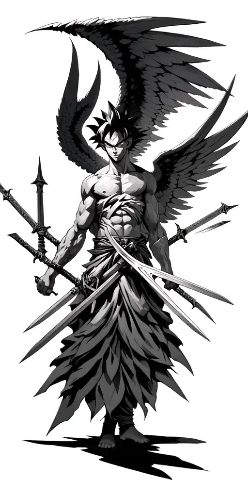 angel with 10 swords stabbing in the  back. add a second character goku and a third character imperius from diablo 3  tattoo design idea