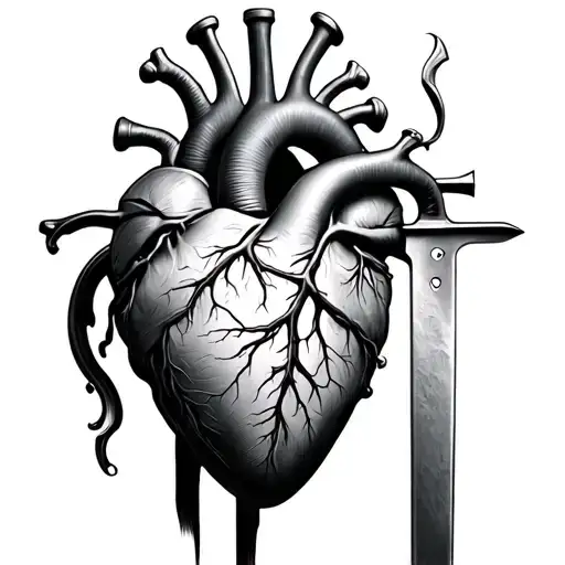 An anatomical heart in which the knife is stuck sideways, in black -white tons in the style of realism, 3D tattoo design idea