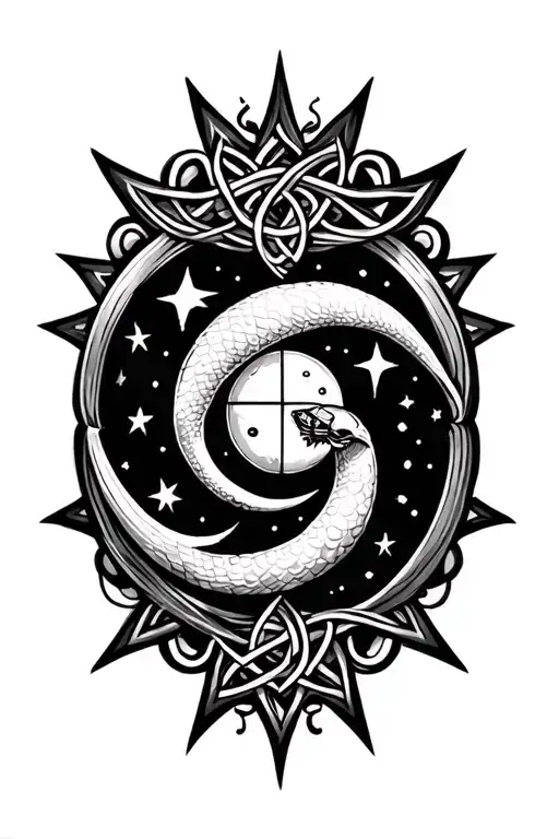 hour glass moon sun stars snake Celtic knot moth tattoo design idea