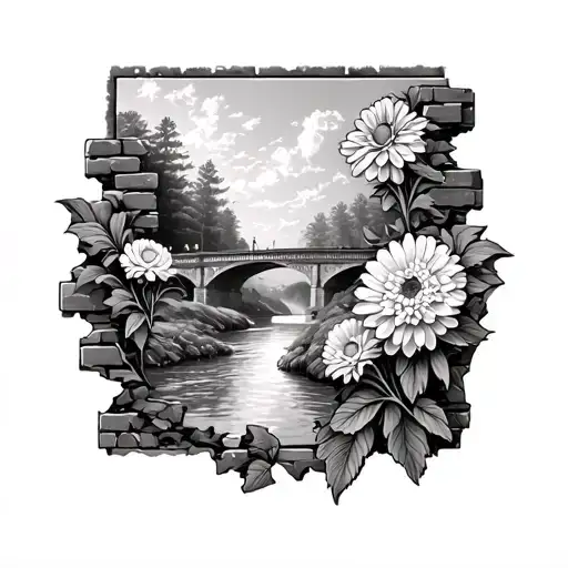 brick wall being torn with Chrysanthemum bouquet and picture of bridge river sky woods coming through tattoo design idea