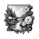 brick wall being torn with Chrysanthemum bouquet and picture of bridge river sky woods coming through tattoo design idea